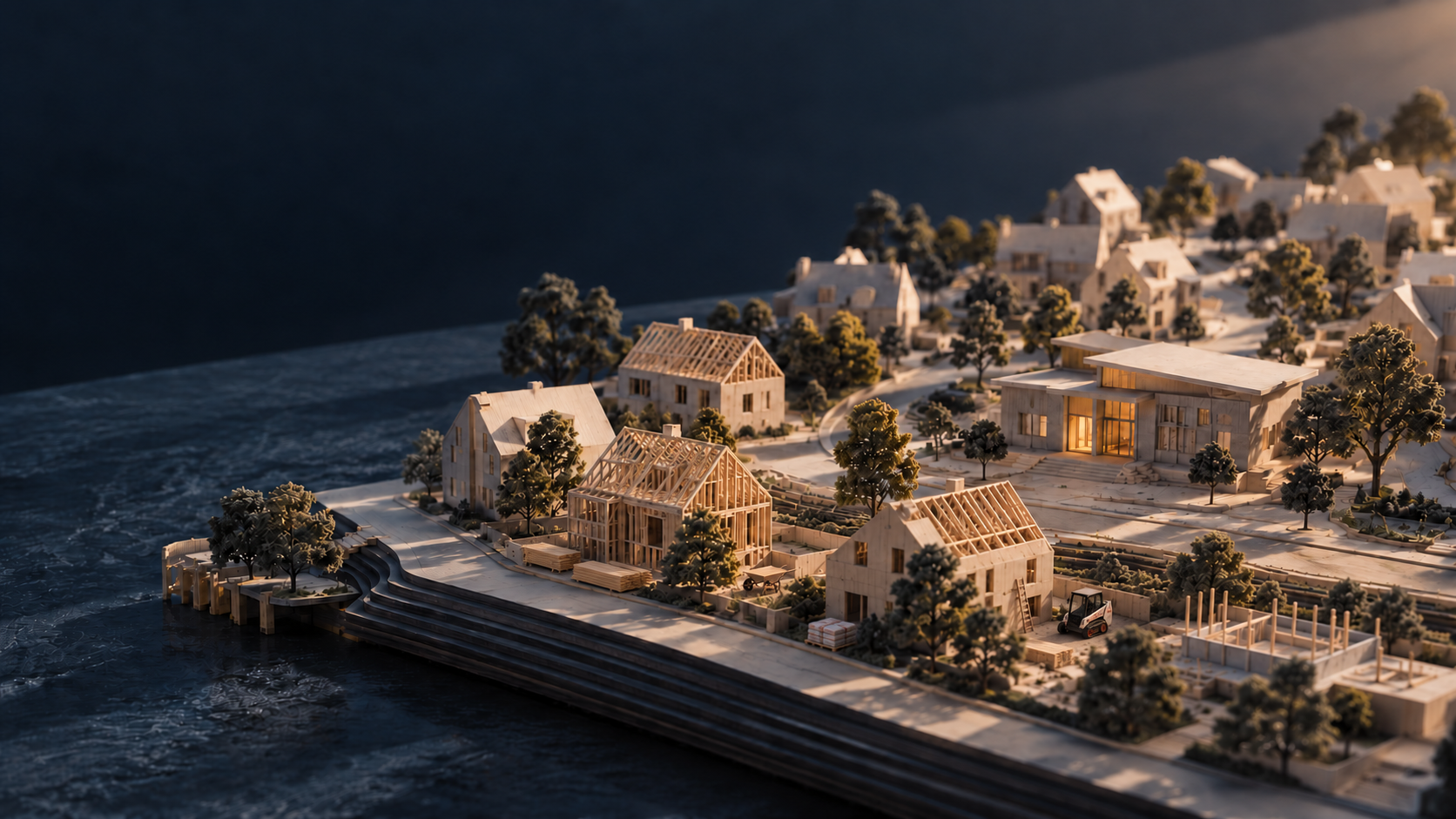 A neighborhood under construction, from foundations to finished homes, beside a civic building
