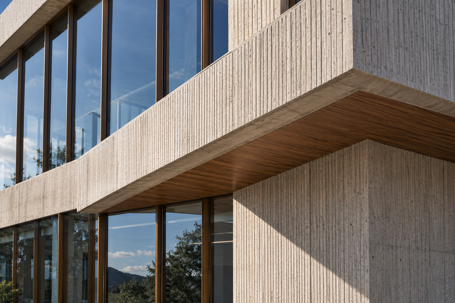 Concrete structure with bronze details and tall glass windows